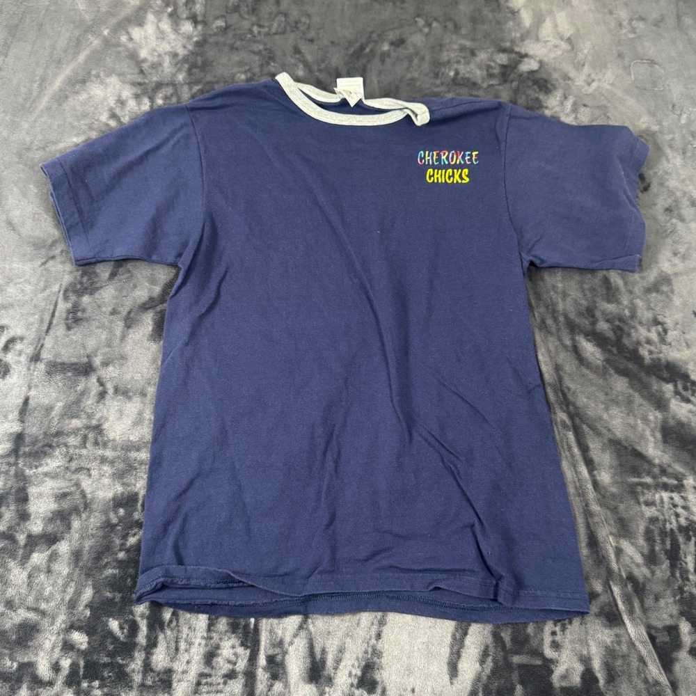 Fruit of the Loom T-Shirt‎ Mens Medium Blue Cherokee Chicks Ringer USA Made